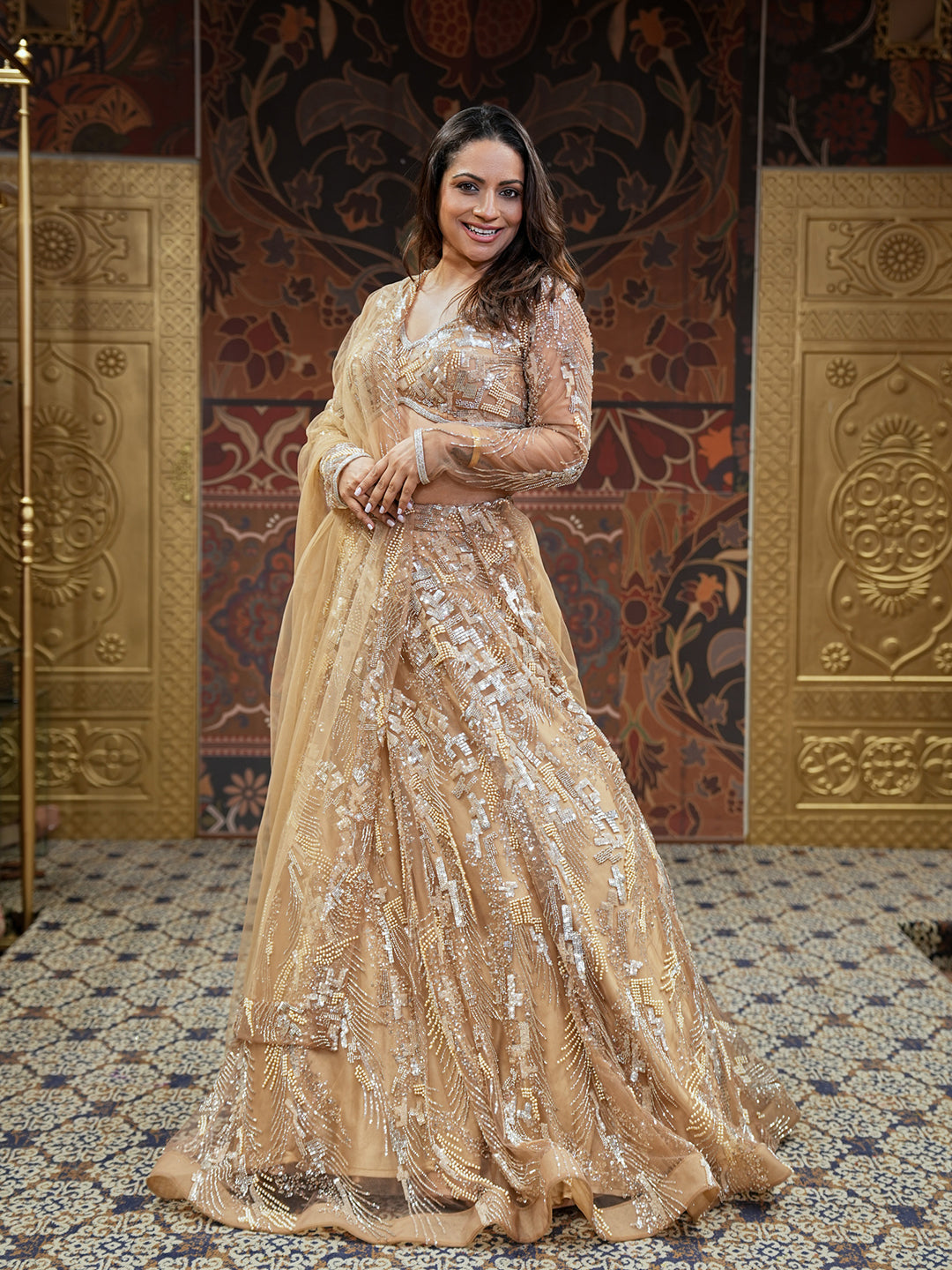 Radiant Gold Mesh Fabric Set With Dupatta