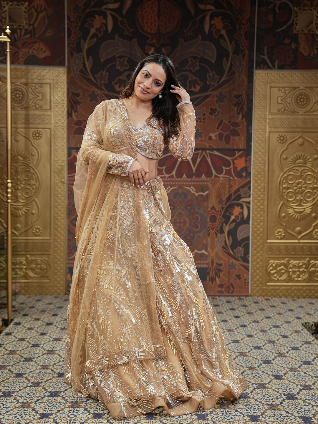 Radiant Gold Mesh Fabric Set With Dupatta