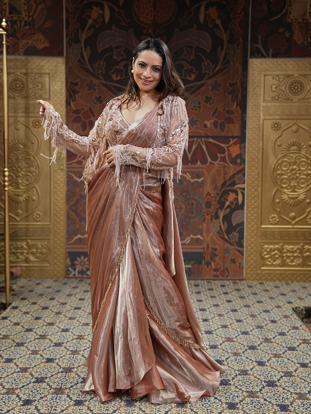 Blush Rose Gold Pre Drape Ruffled Saree