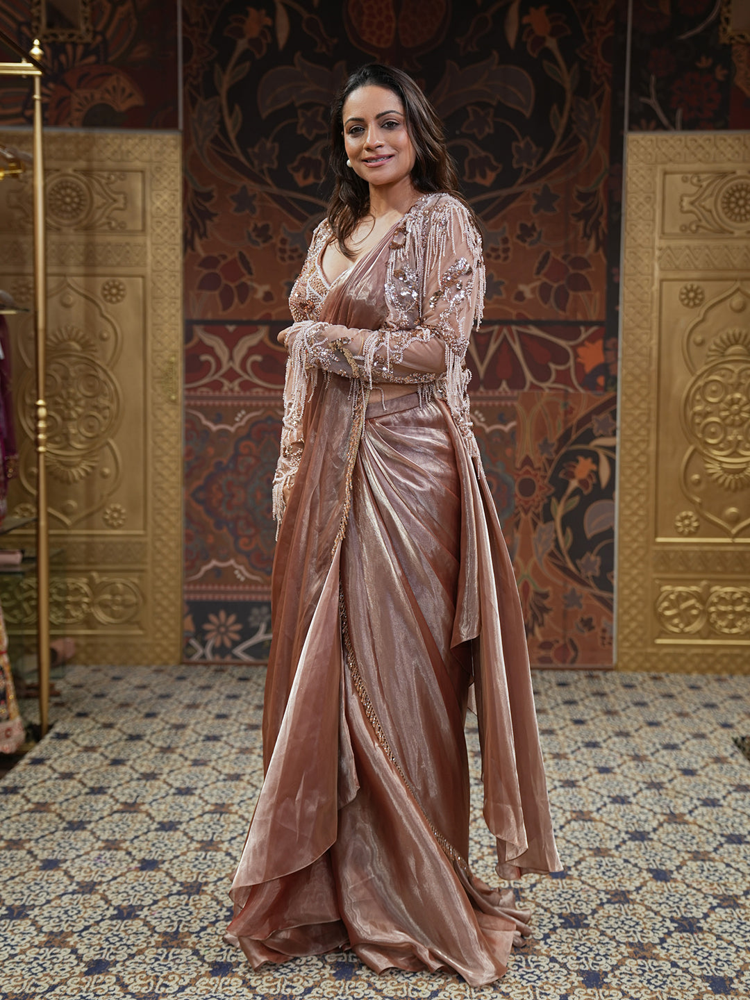 Blush Rose Gold Pre Drape Ruffled Saree