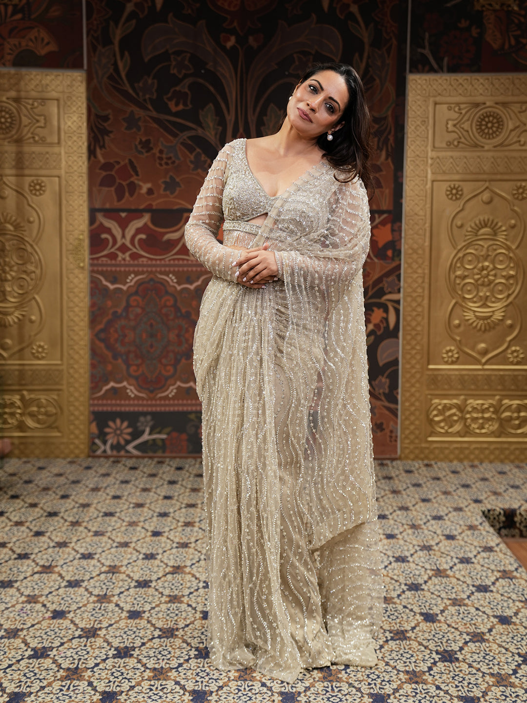 Stunning Sage Green Pre Drape Embroidered Saree