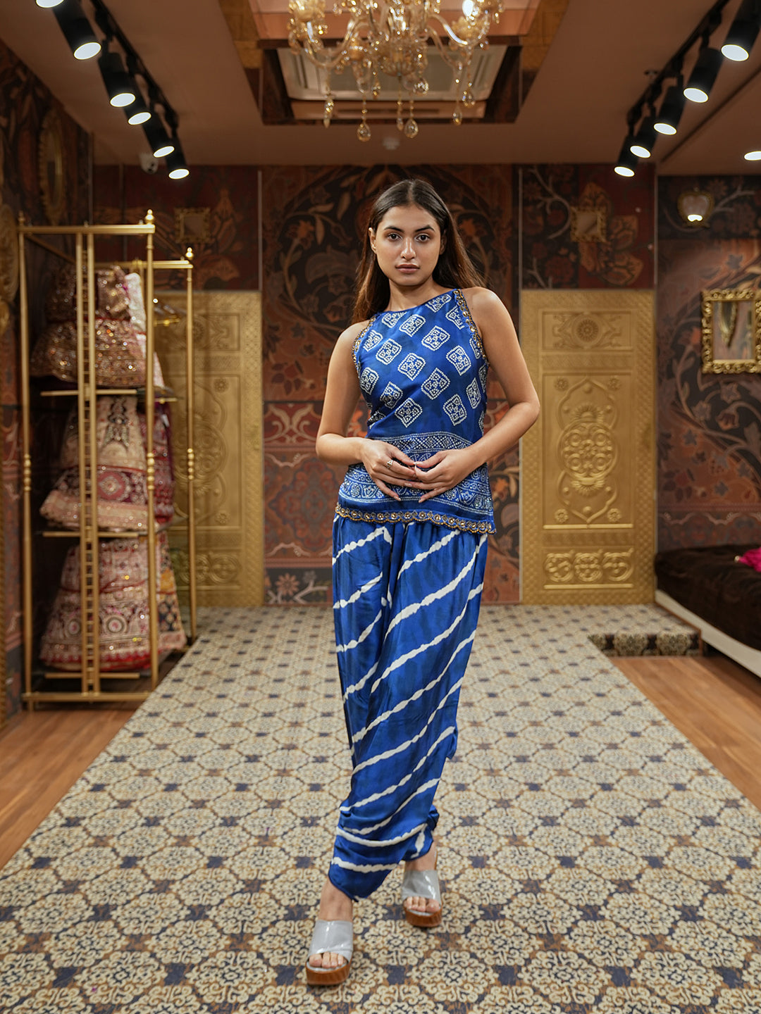 Blue Dream Bandhani Tunic With Lehariya Dhoti