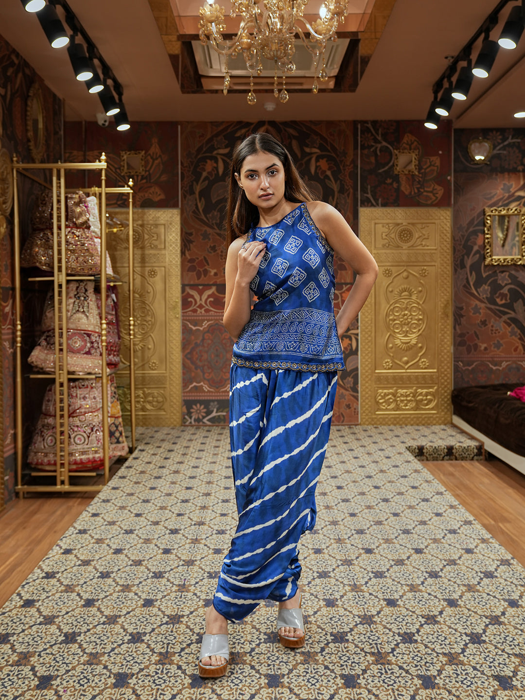 Blue Dream Bandhani Tunic With Lehariya Dhoti