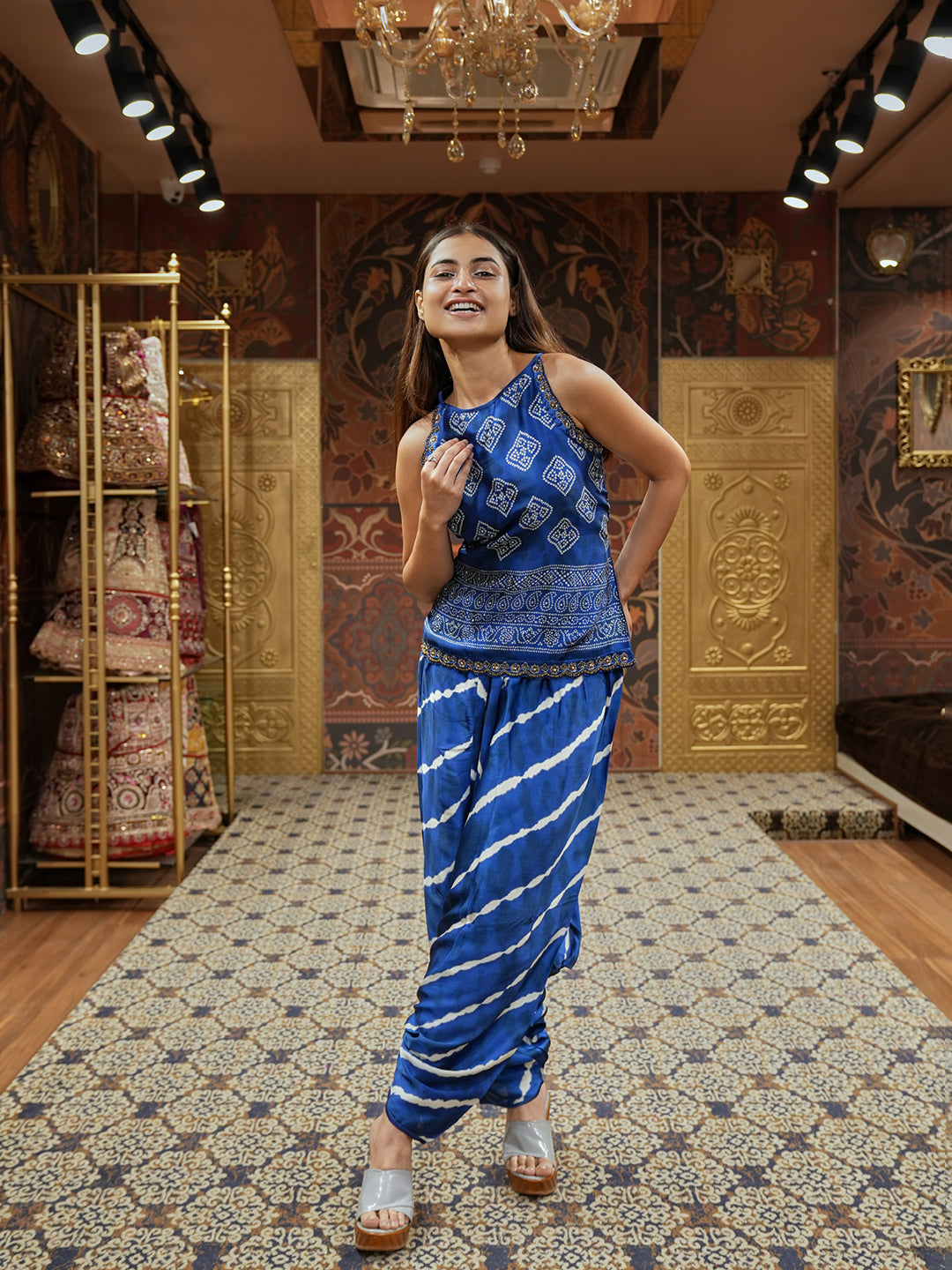 Blue Dream Bandhani Tunic With Lehariya Dhoti