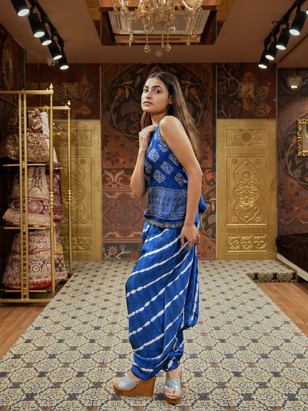 Blue Dream Bandhani Tunic With Lehariya Dhoti