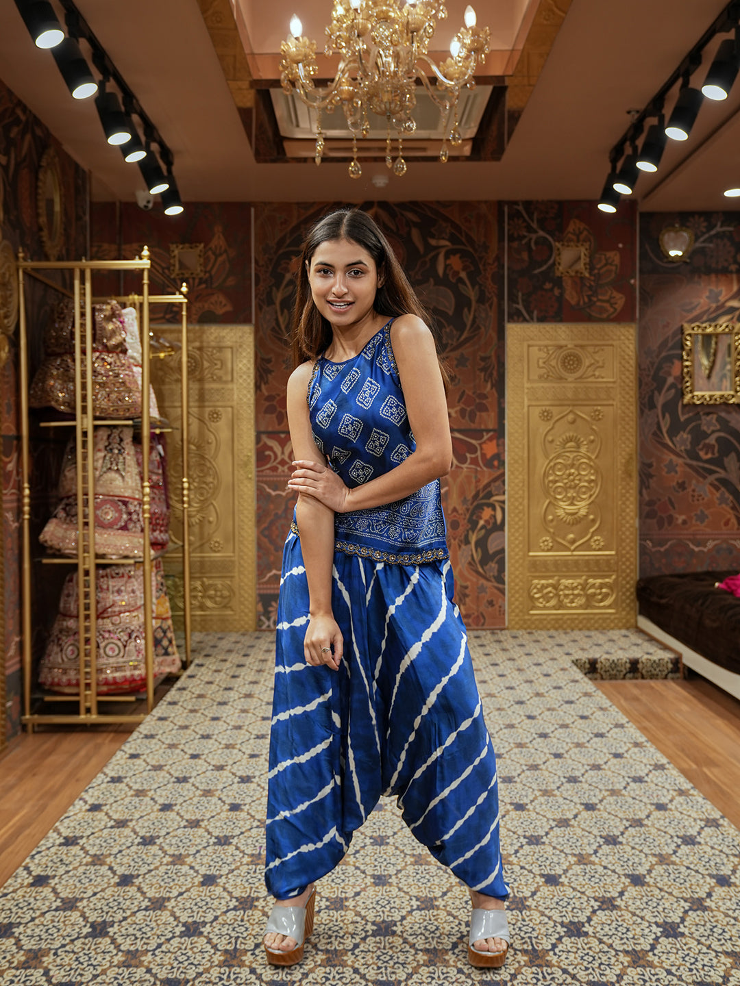 Blue Dream Bandhani Tunic With Lehariya Dhoti