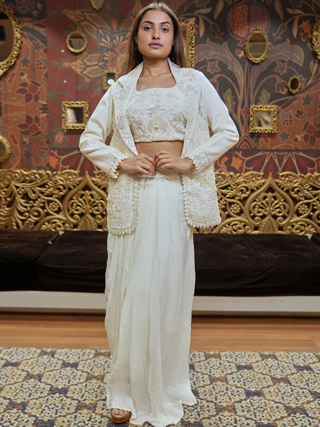 White-On-White Embroidered Jacket & Skirt Set