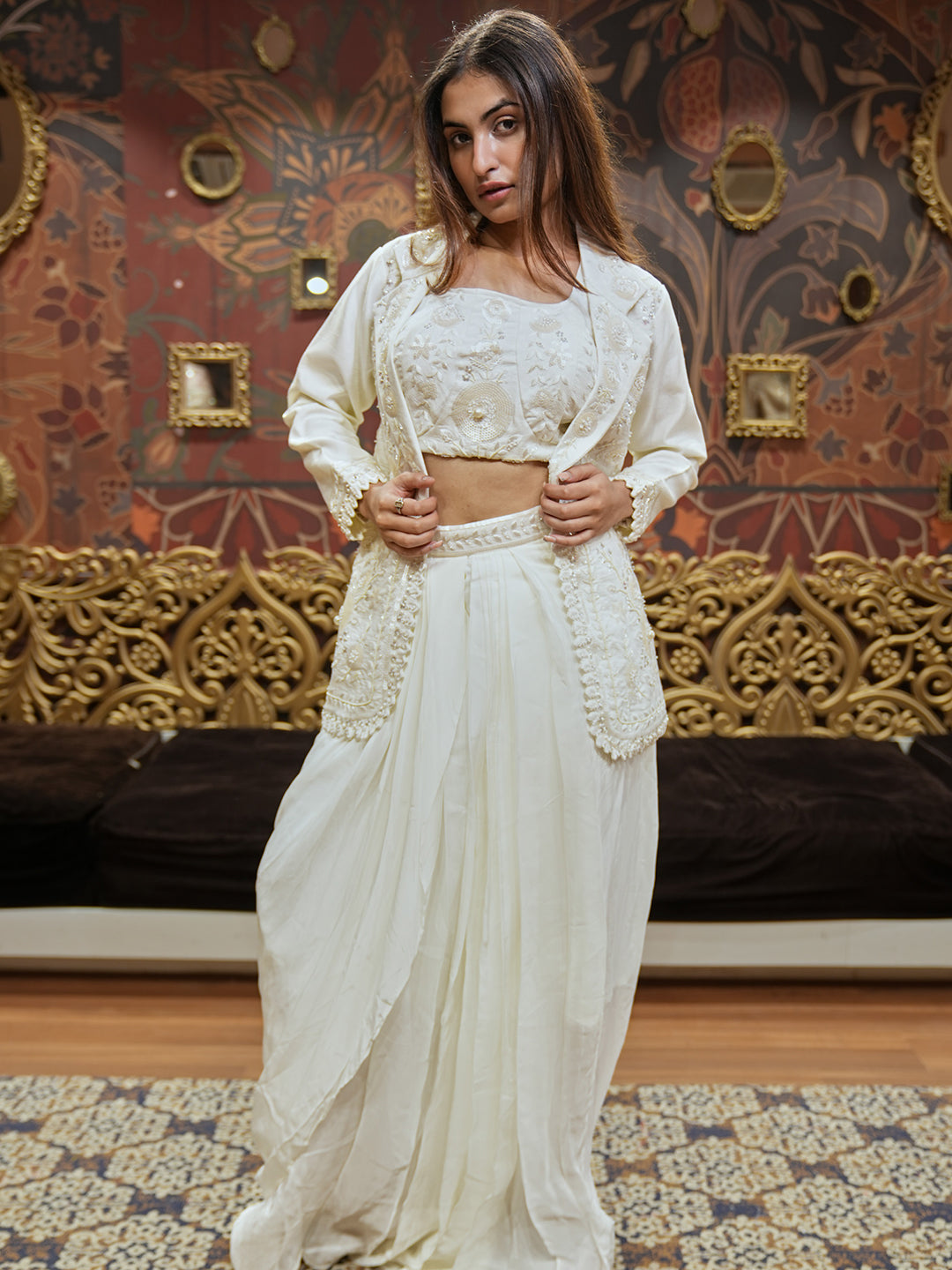 White-On-White Embroidered Jacket & Skirt Set