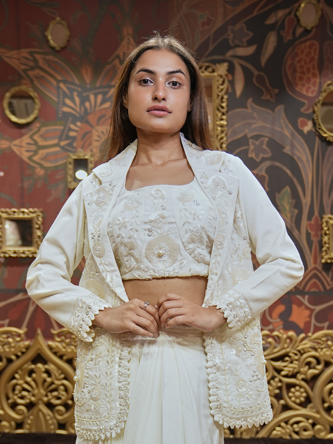 White-On-White Embroidered Jacket & Skirt Set