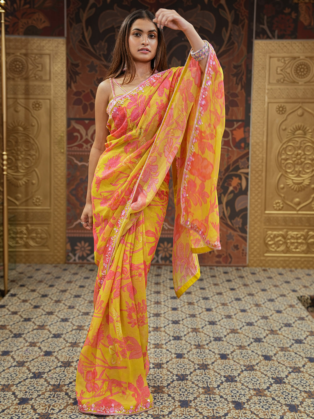 Handcrafted Lime Green Chinion Saree With Floral Print & Embroidery