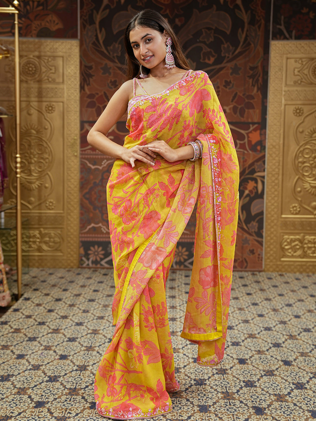 Handcrafted Lime Green Chinion Saree With Floral Print & Embroidery