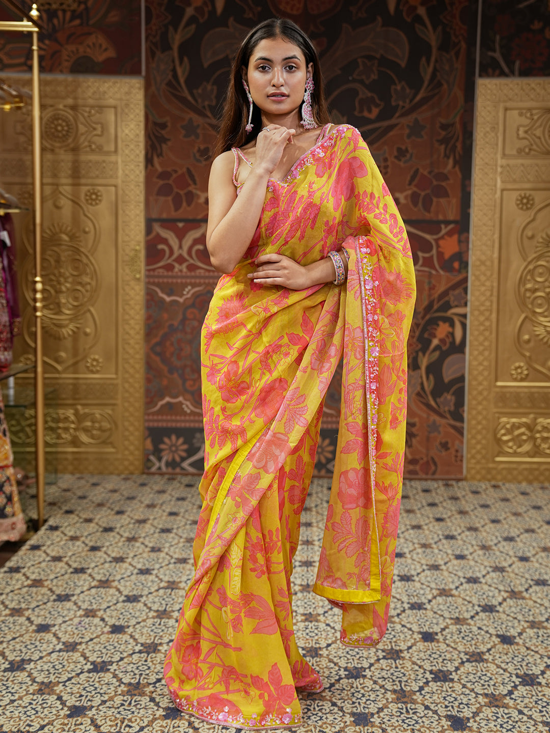 Handcrafted Lime Green Chinion Saree With Floral Print & Embroidery