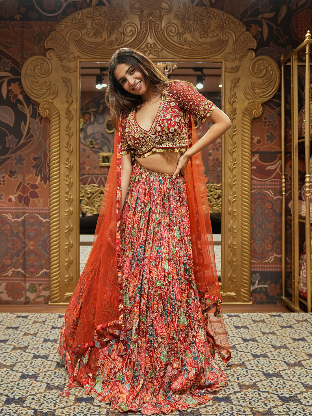 Floral Charm Maroon Lehenga With Hand Embroidered Choli