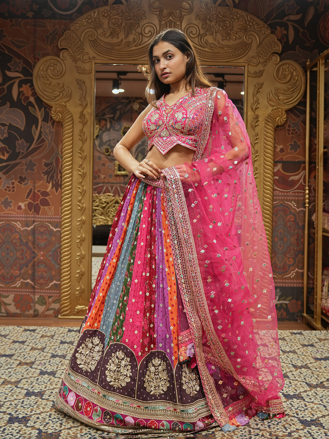 Pink Embroidered Lehenga Set With Multicolored Kalis