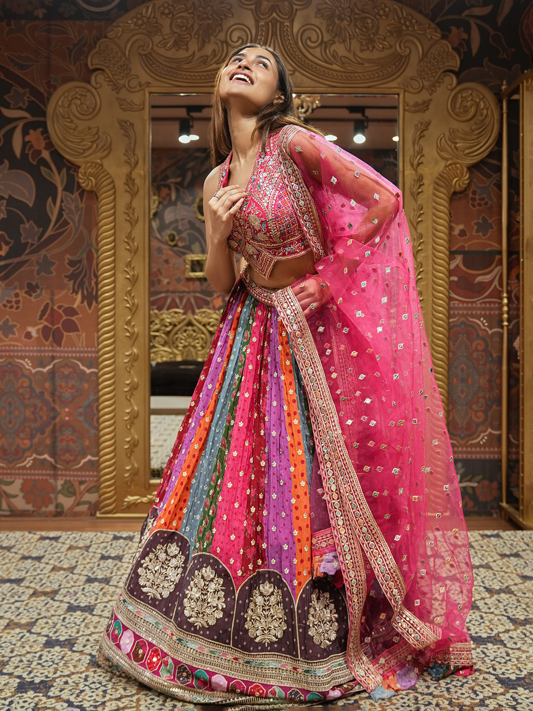 Pink Embroidered Lehenga Set With Multicolored Kalis