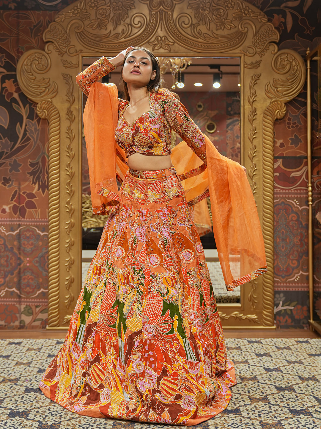 Radiant Tangerine Crepe Printed Lehenga Choli Set