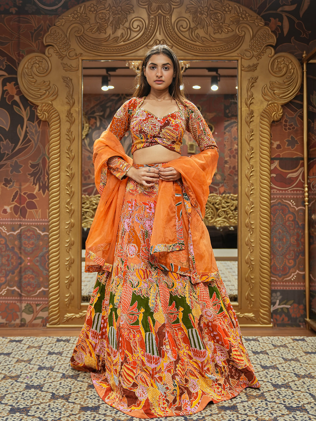 Radiant Tangerine Crepe Printed Lehenga Choli Set