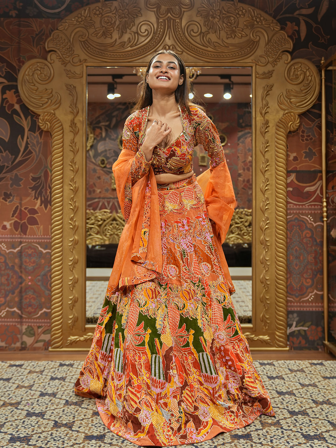 Radiant Tangerine Crepe Printed Lehenga Choli Set