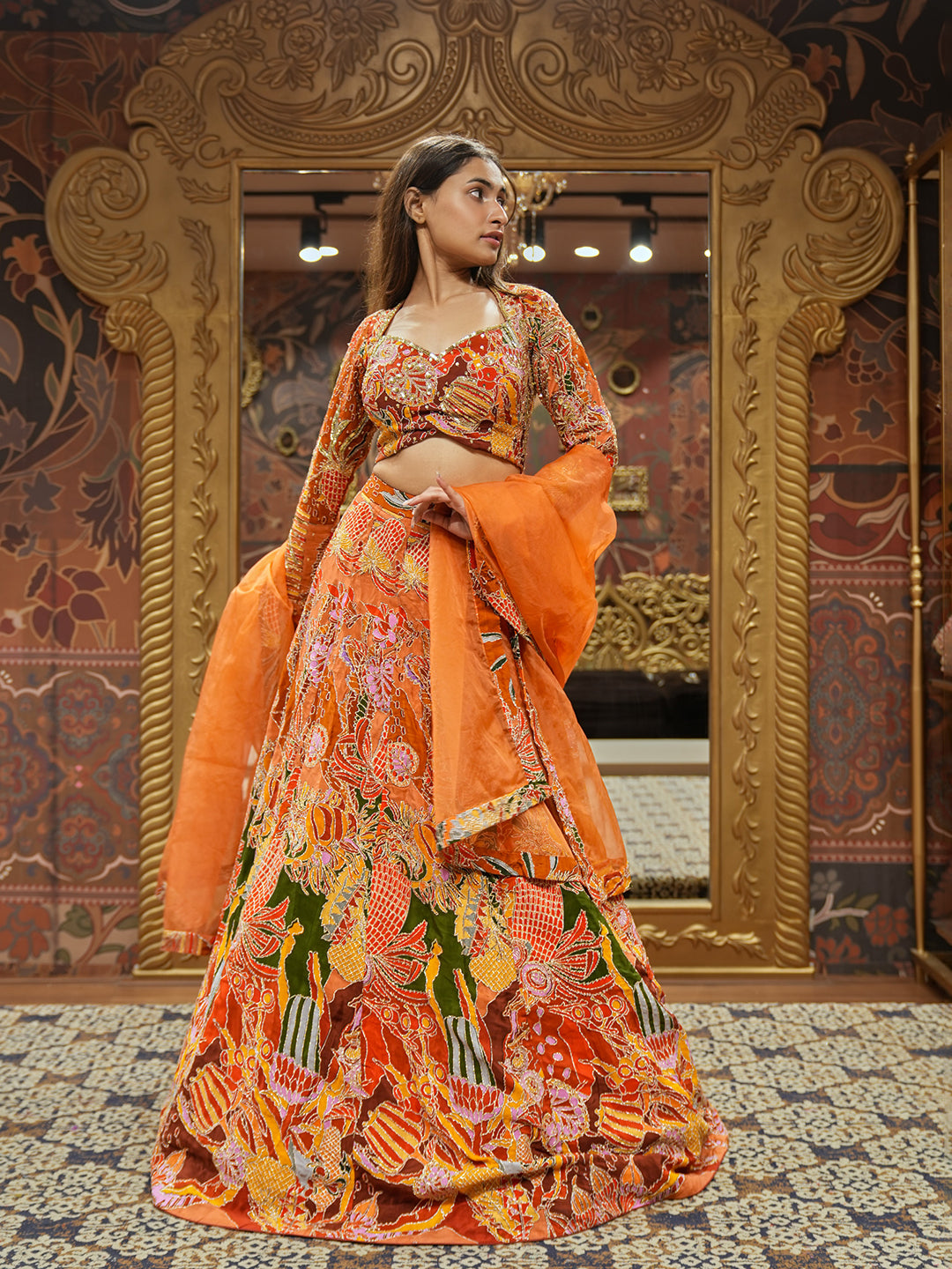 Radiant Tangerine Crepe Printed Lehenga Choli Set