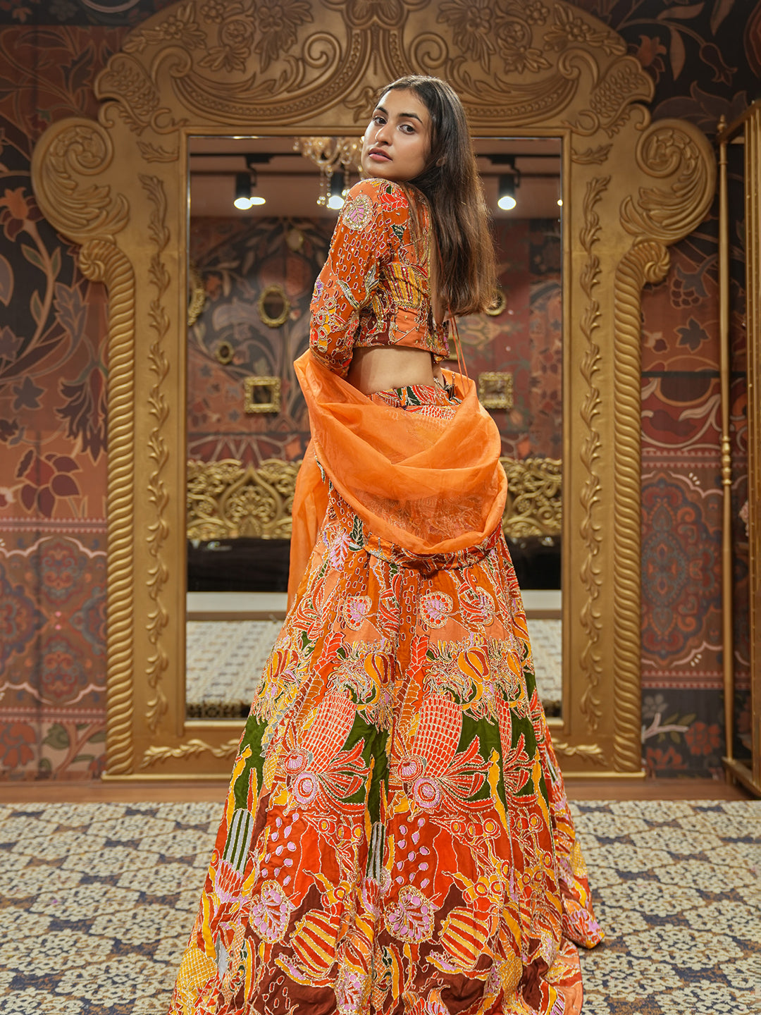 Radiant Tangerine Crepe Printed Lehenga Choli Set