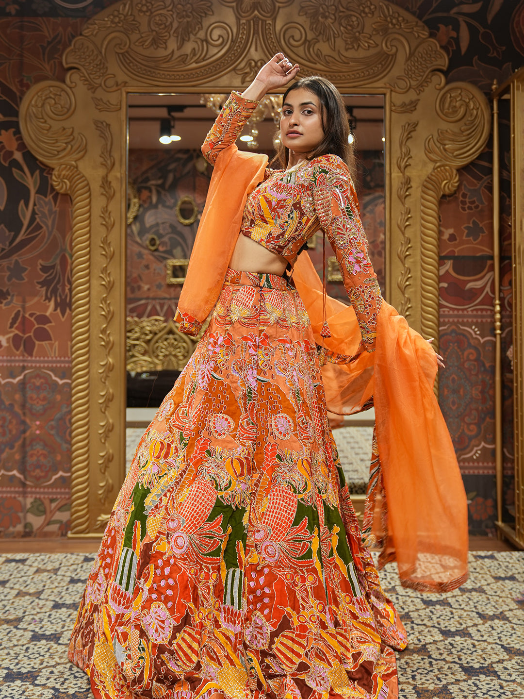 Radiant Tangerine Crepe Printed Lehenga Choli Set