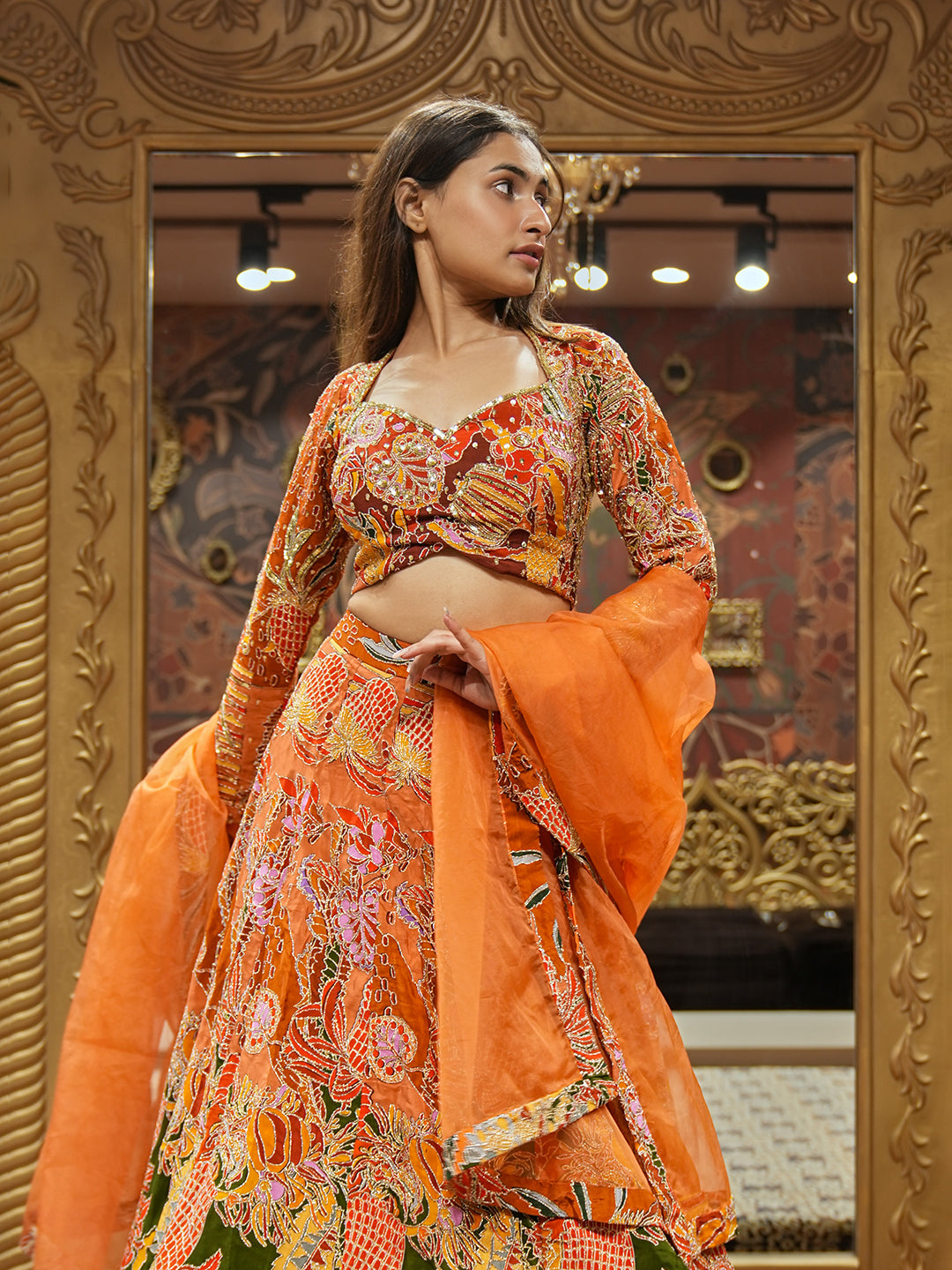 Radiant Tangerine Crepe Printed Lehenga Choli Set