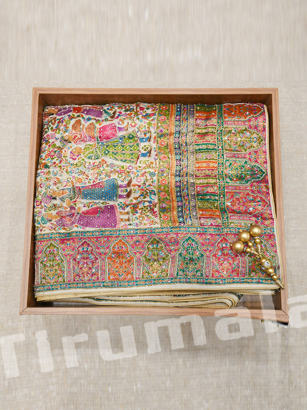 Pashmina Saree with Zardozi Work and Contrast Tikki Blouse