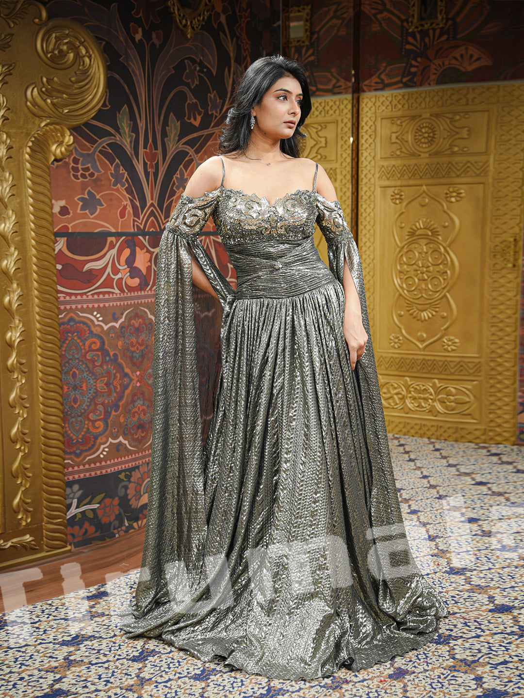 Black Silver Metallic Cape Gown