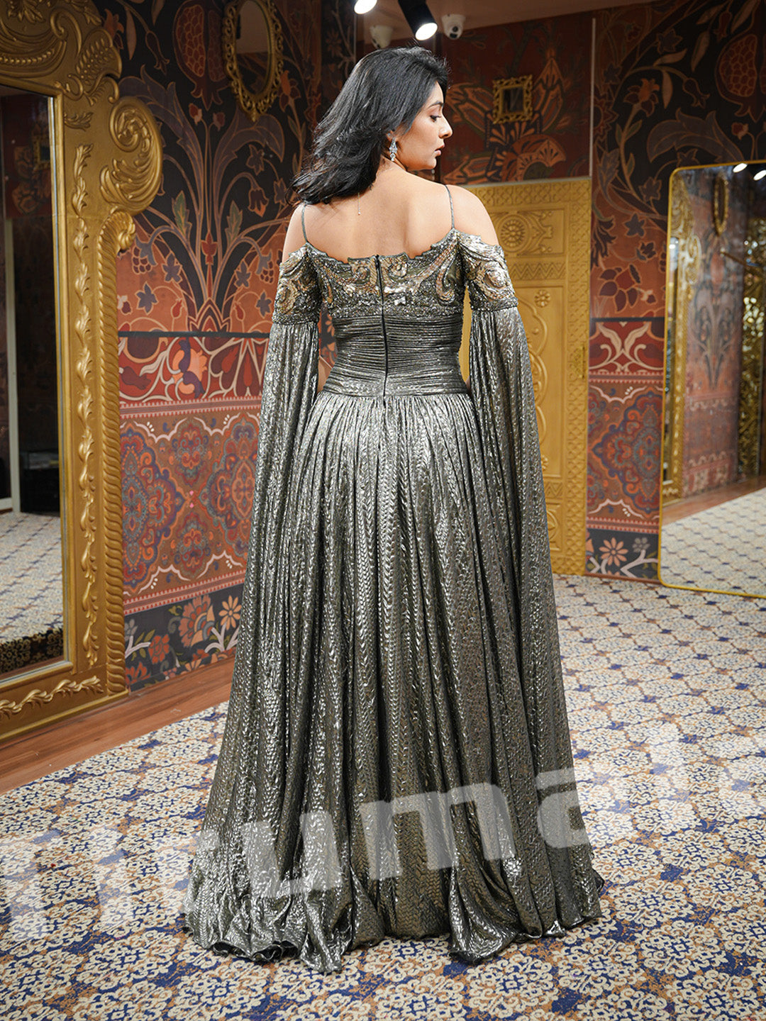 Black Silver Metallic Cape Gown