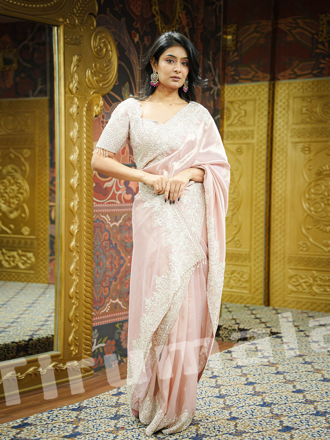 Baby Pink Sequence Tissue Saree