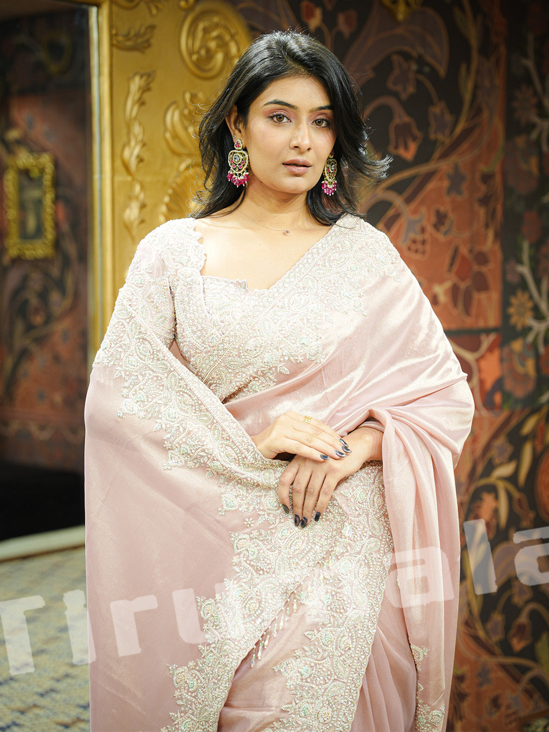 Baby Pink Sequence Tissue Saree