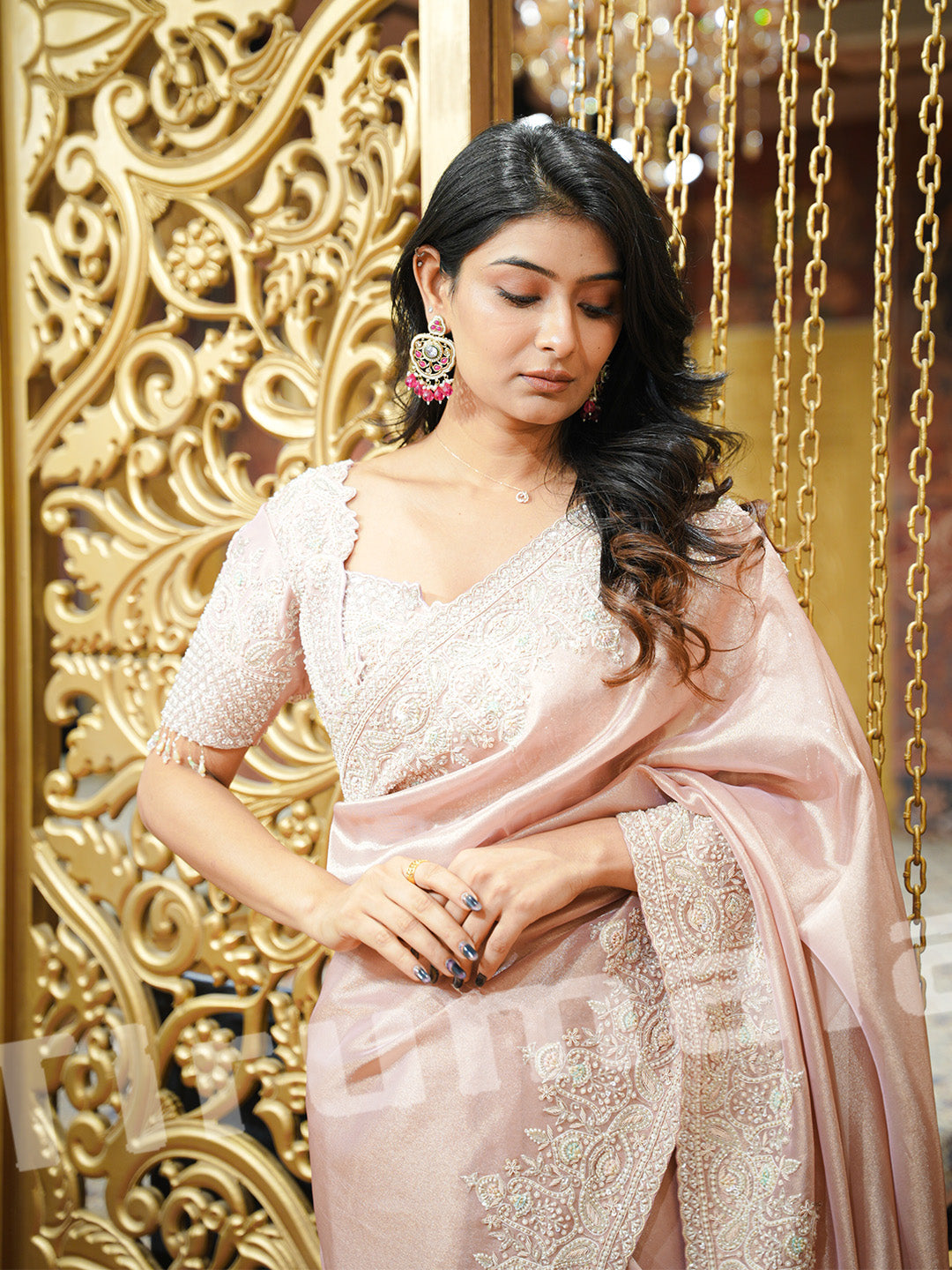 Baby Pink Sequence Tissue Saree