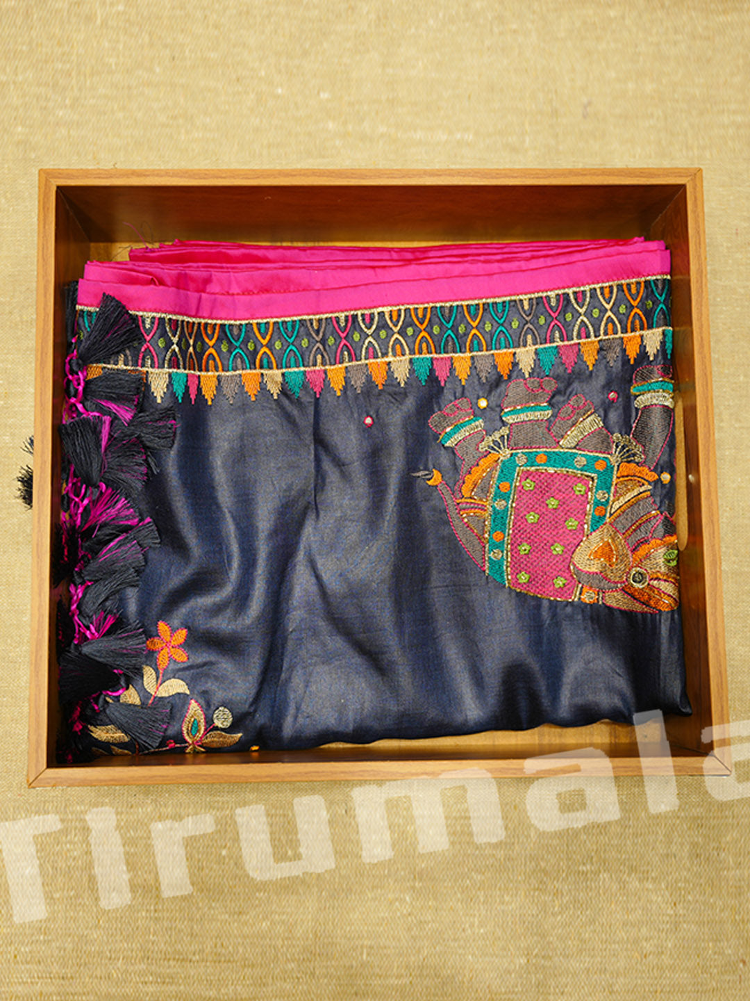 Navy Blue Silk Animal Saree