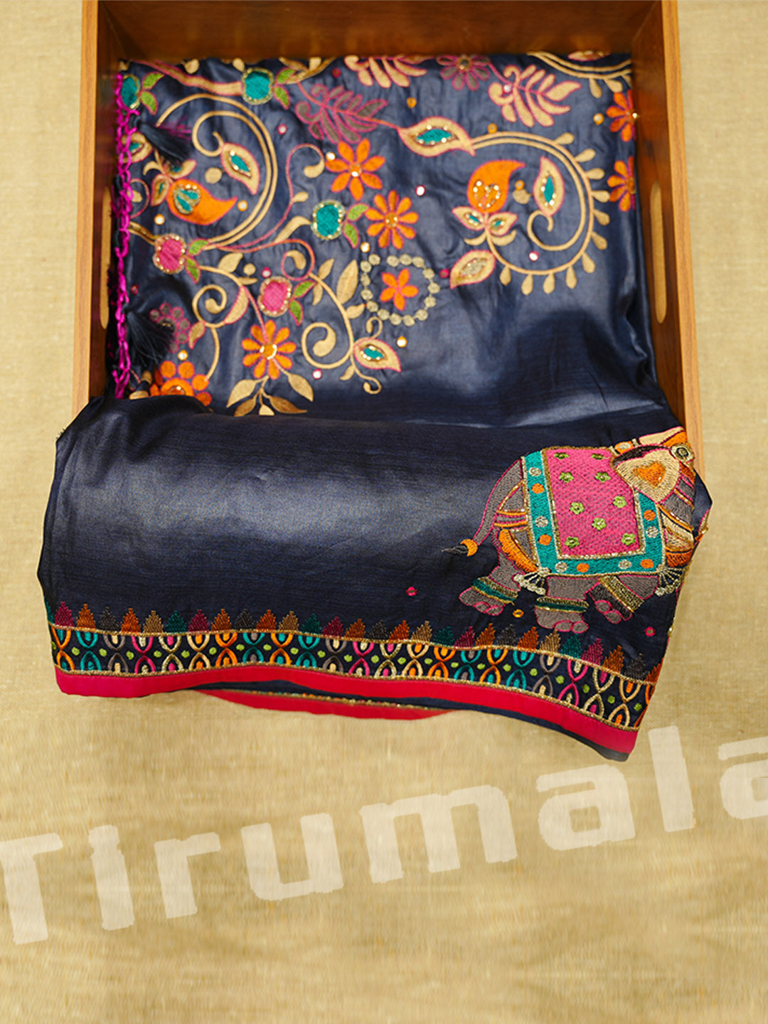 Navy Blue Silk Animal Saree