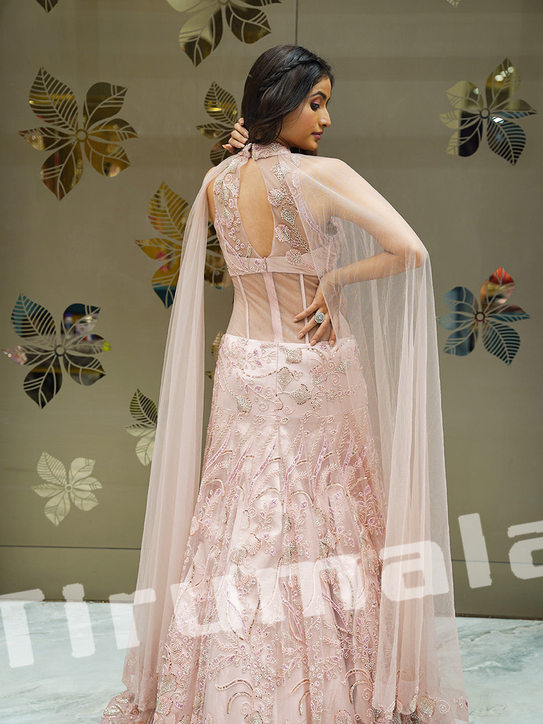 Light Pink Sleeveless Net Gown With Kutdana