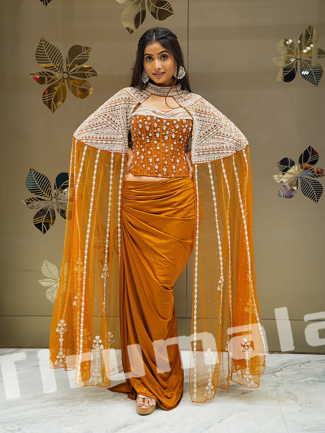 Rust Brown Lycra Dhoti Skirt Set
