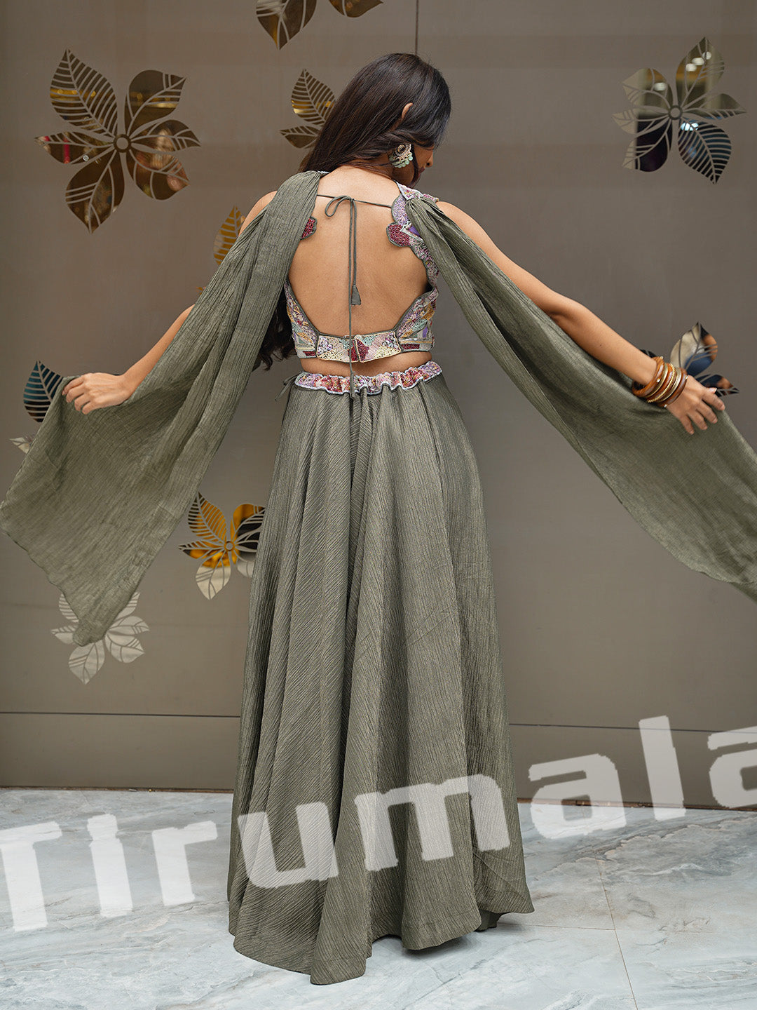 Mehendi Green Crush Tissue Crop Top Set