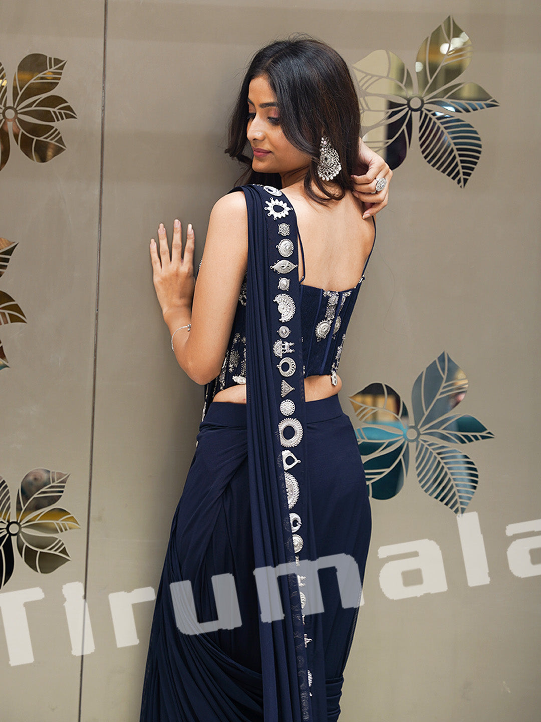 Navy Lycra Ready-To-Wear Saree Set