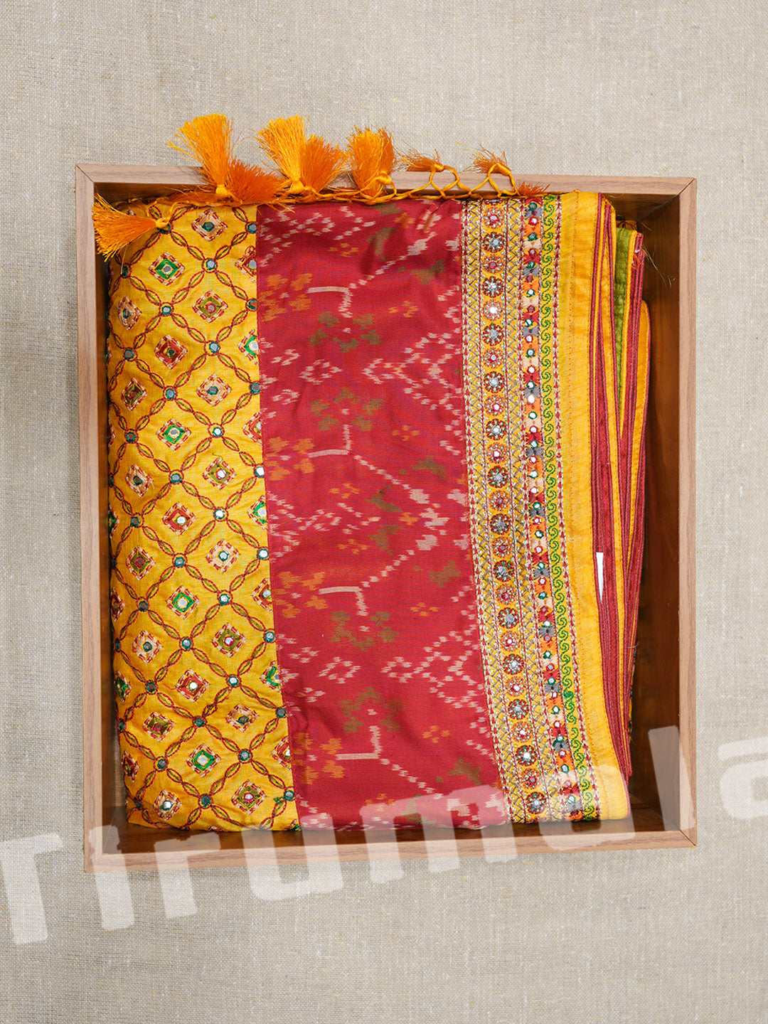 Vibrant Yellow & Red Tusser Silk Saree with Patola-Style Thread Work