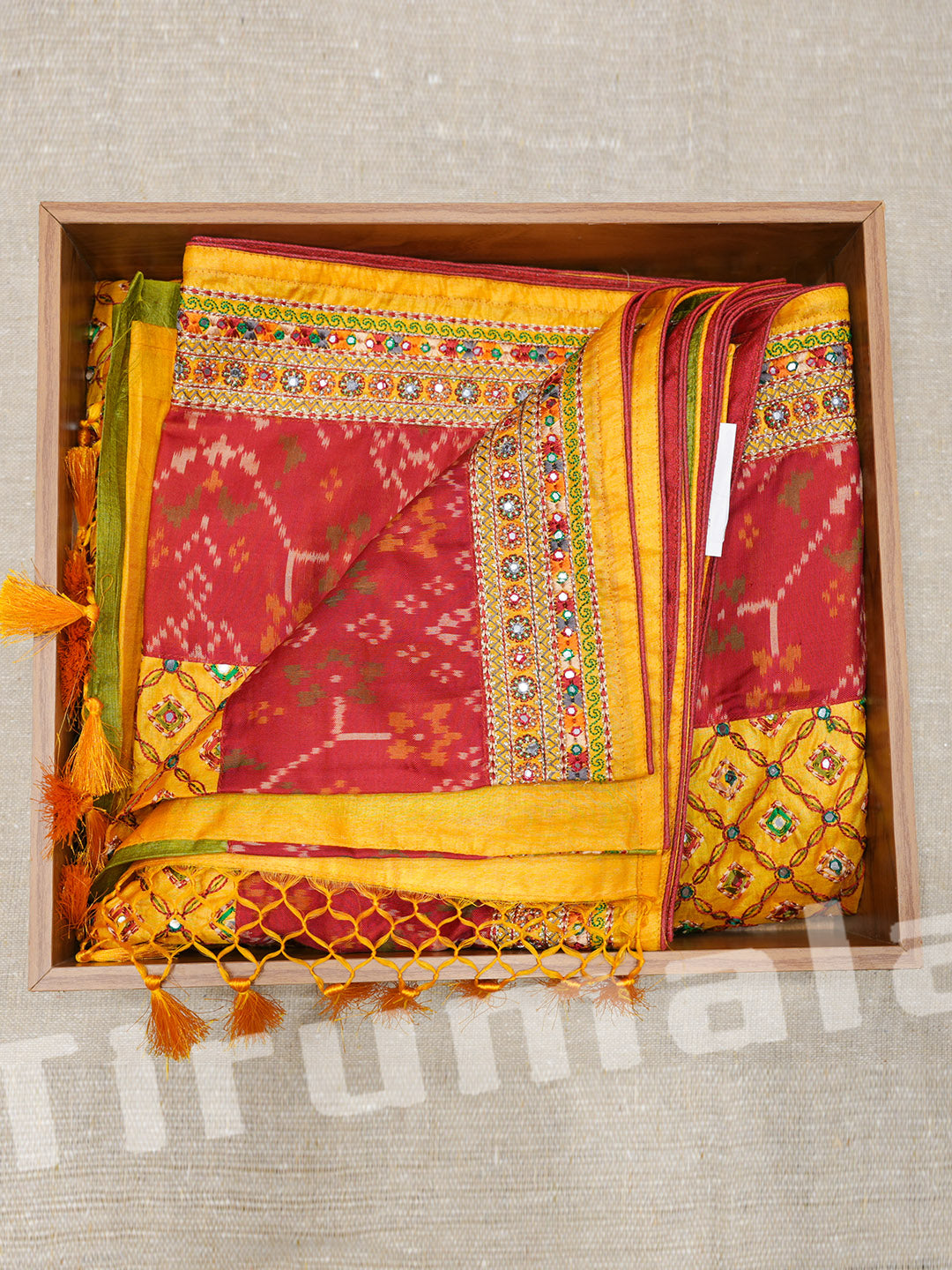 Vibrant Yellow & Red Tusser Silk Saree with Patola-Style Thread Work