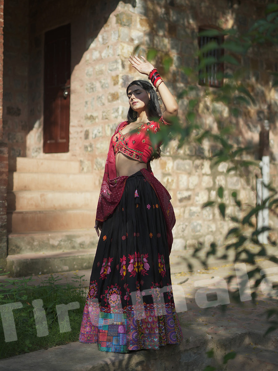 Black Ghagra With Pink Half-Sleeve Choli & Dupatta – Tirumala Designers