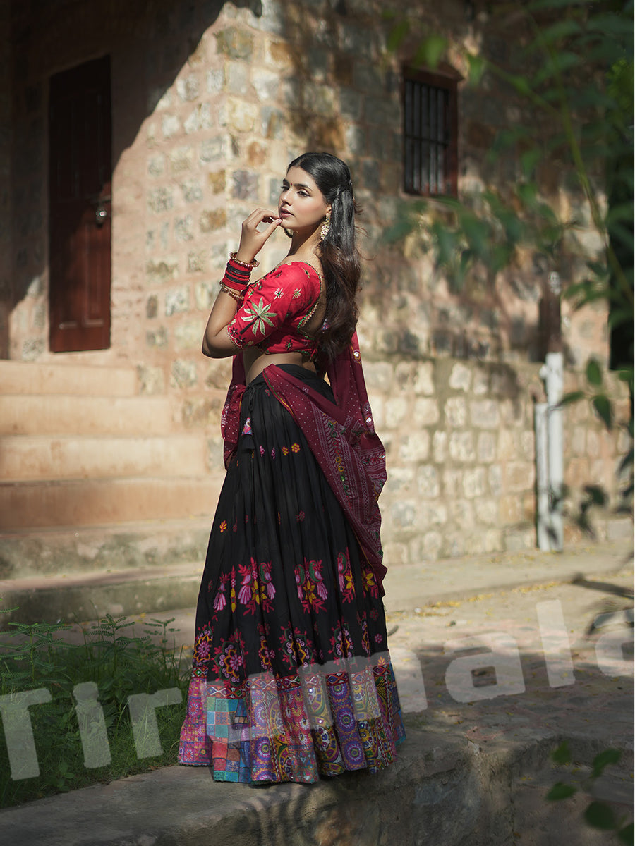 Black Ghagra With Pink Half-Sleeve Choli & Dupatta – Tirumala Designers