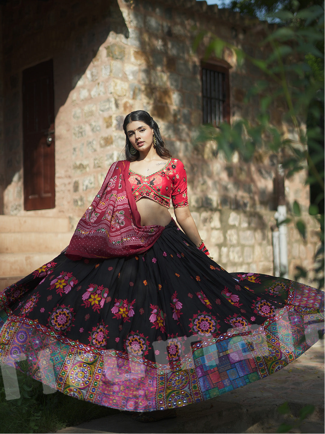 Black Ghagra With Pink Half-Sleeve Choli & Dupatta – Tirumala Designers