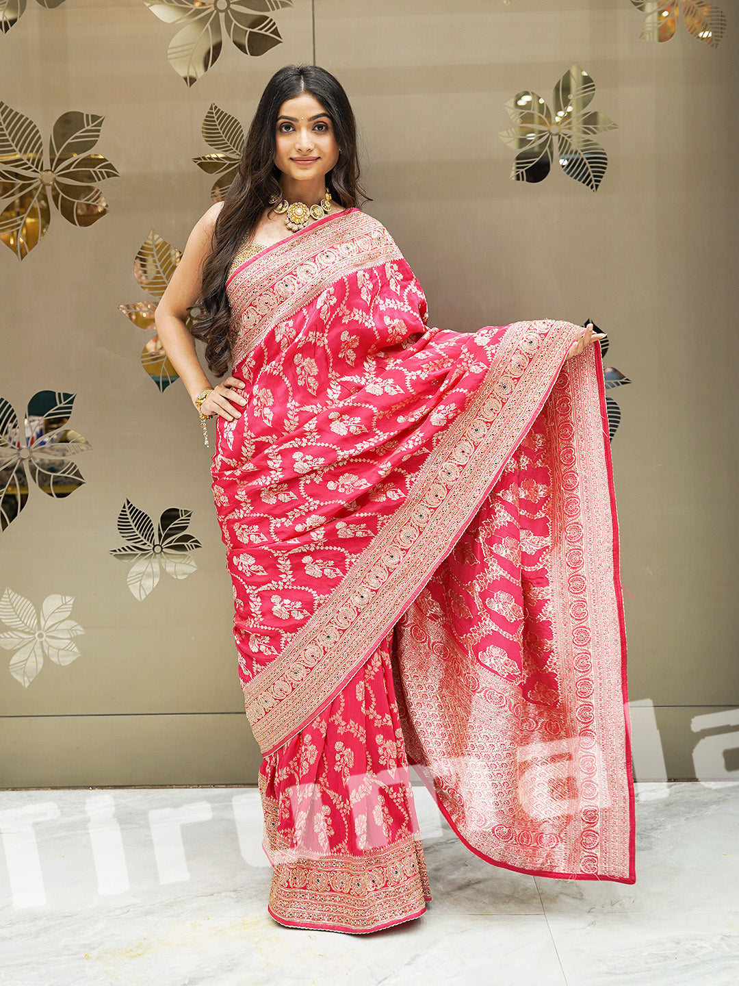 Pink Cutdana Zari Work Saree