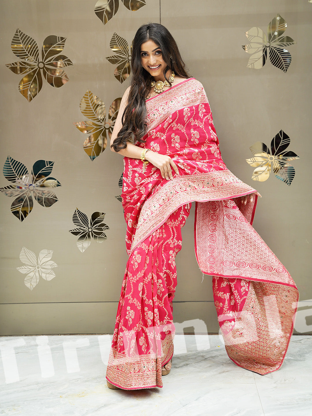 Pink Cutdana Zari Work Saree