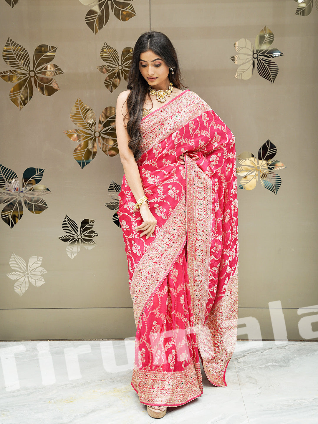 Pink Cutdana Zari Work Saree