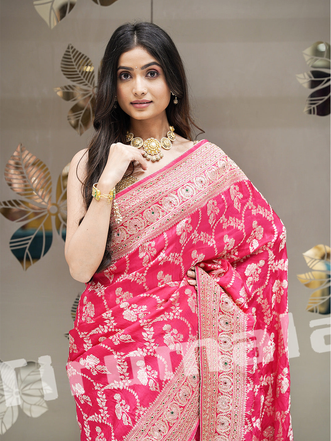 Pink Cutdana Zari Work Saree