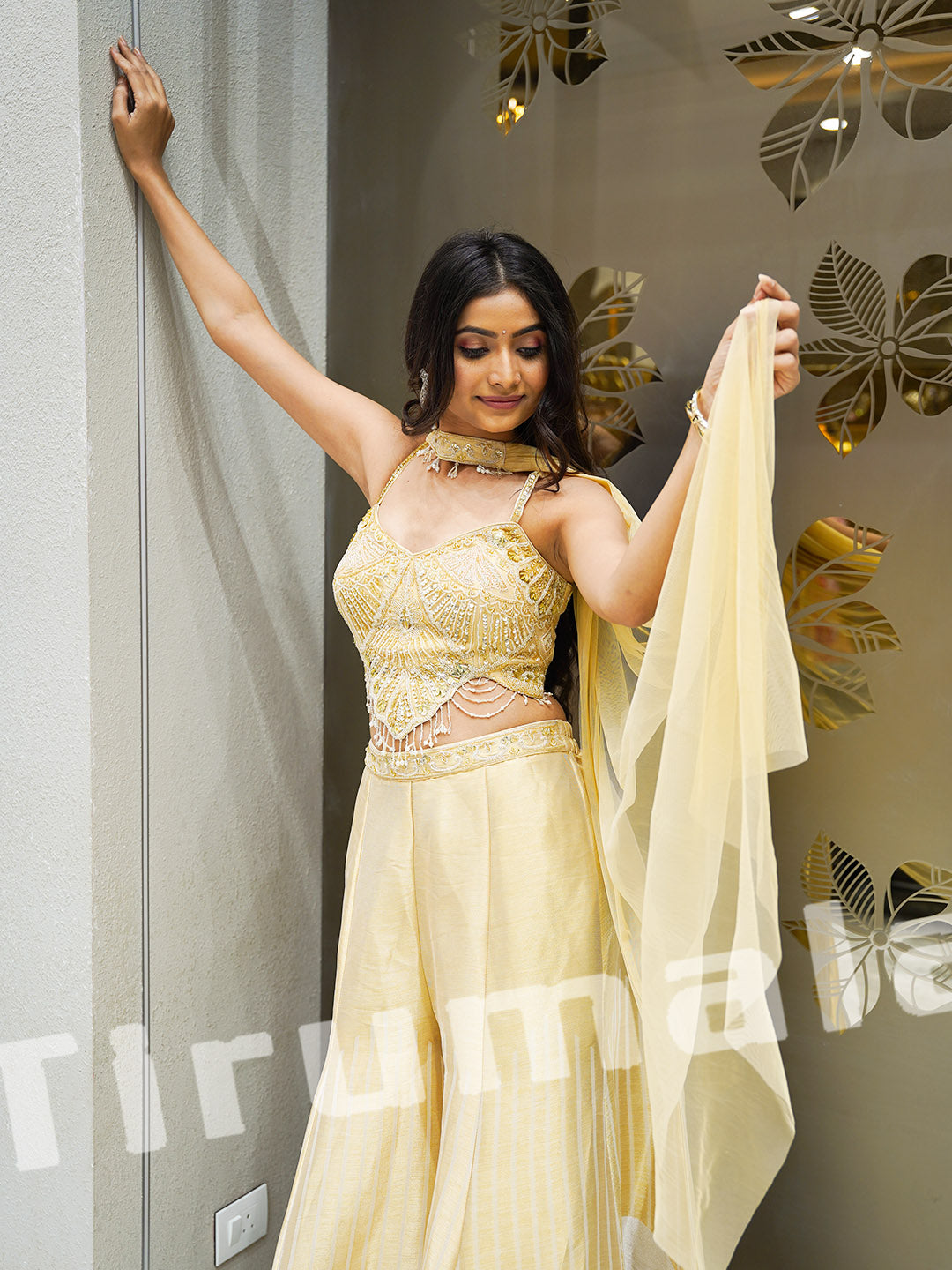 Beige Banarasi Tissue Crop Top Set