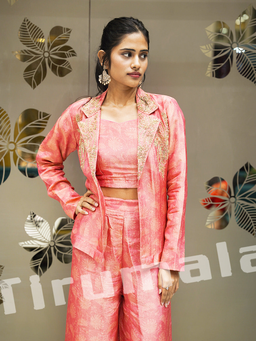 Salmon Hue Shimmer Tissue Indo-Western Ensemble