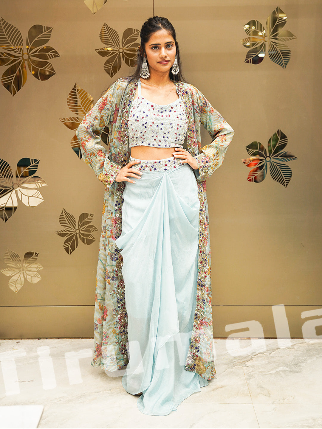 Pastel Blue Tissue & Crepe Dhoti Set With Indo Jacket
